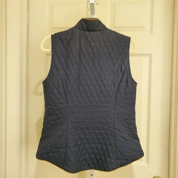 BROOKS BROTHERS Women's Diamond Quilted Navy/Tan Snap Front Riding Vest sz M - Picture 2 of 8